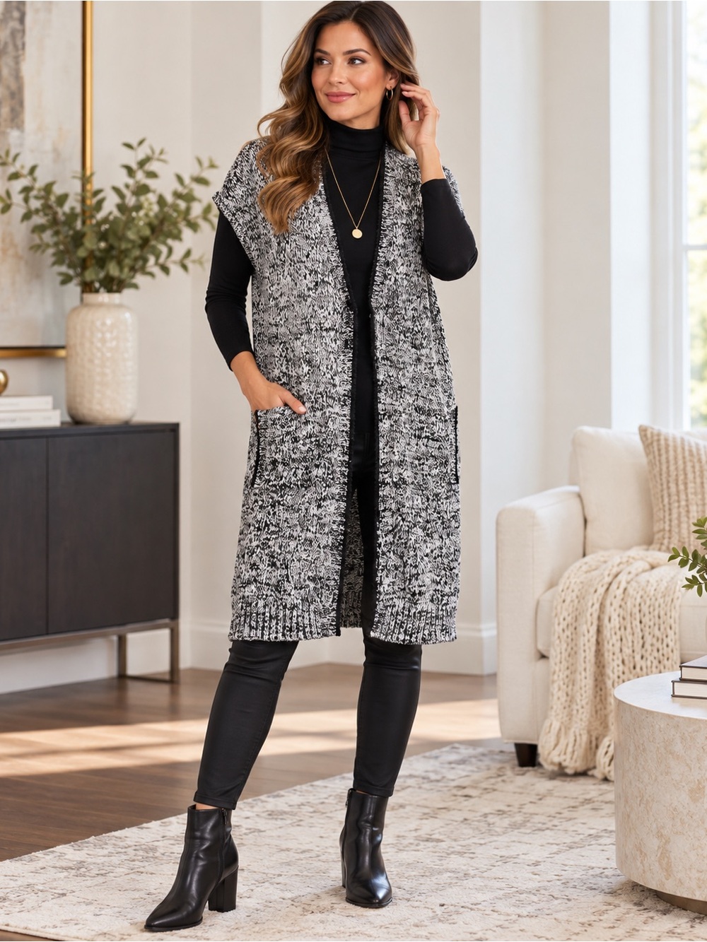 WORTH New York Black White Marled Longline Cardigan Vest M Cotton Blend Duster